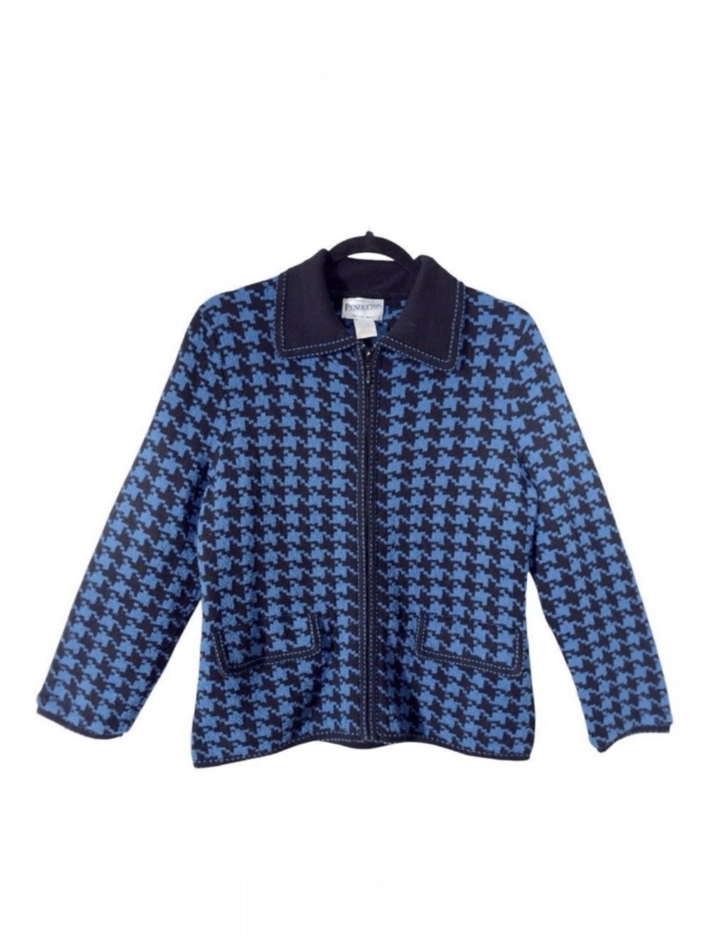 Pendleton Womens Wool Blend Blue Black Houndstooth Full Zip Sweater Size Medium